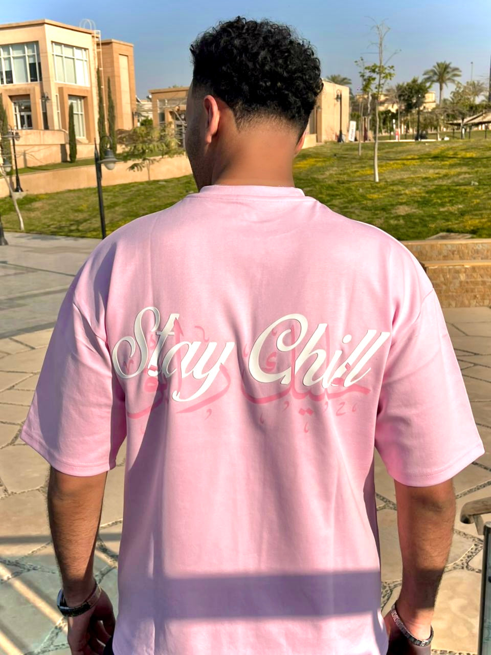pink “stay chill” oversized t-shirt